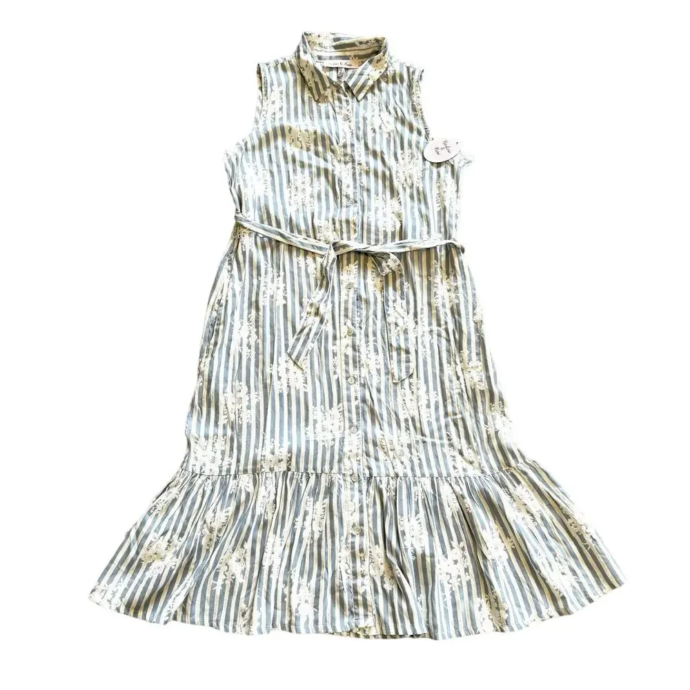 NWT Harlow & Rose Maxi Dress Women’s Medium Floral Striped White Blue Broomstick